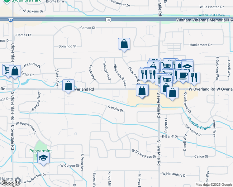 map of restaurants, bars, coffee shops, grocery stores, and more near 11059 West Overland Road in Boise