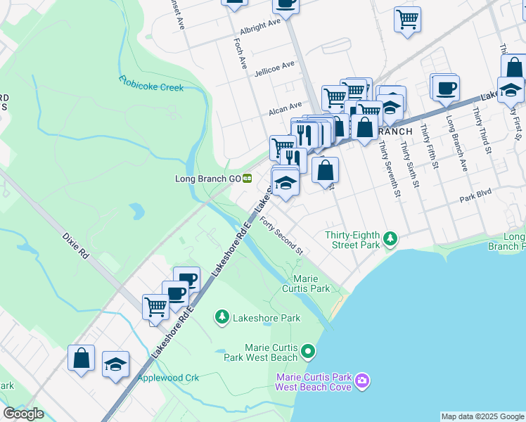 map of restaurants, bars, coffee shops, grocery stores, and more near 3865 Lake Shore Boulevard West in Toronto