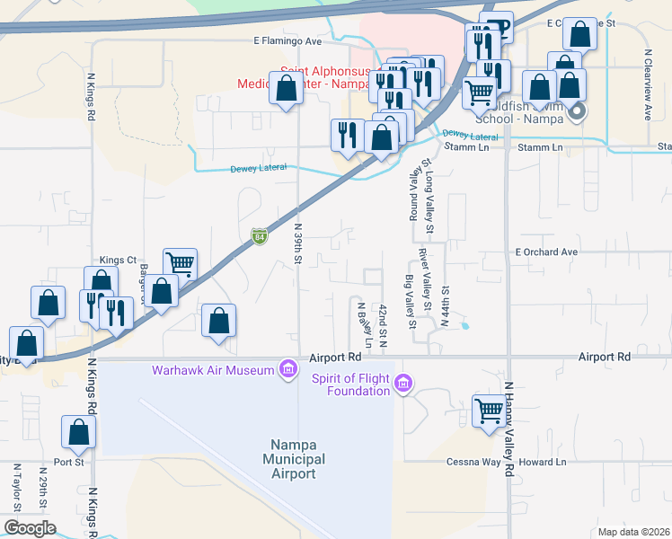 map of restaurants, bars, coffee shops, grocery stores, and more near 608 Sunken Valley Drive in Nampa