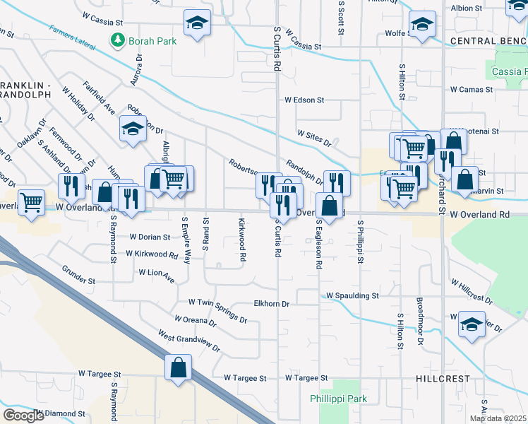 map of restaurants, bars, coffee shops, grocery stores, and more near 5816 West Overland Road in Boise