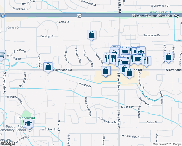 map of restaurants, bars, coffee shops, grocery stores, and more near 11965 West Overland Road in Boise