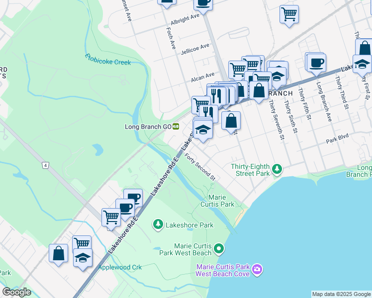 map of restaurants, bars, coffee shops, grocery stores, and more near 3865 Lake Shore Boulevard West in Toronto