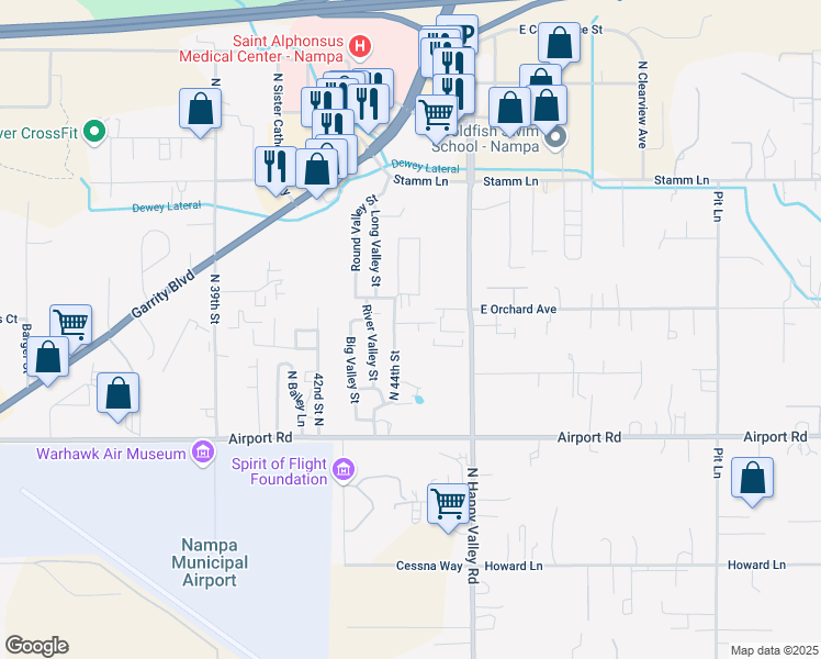 map of restaurants, bars, coffee shops, grocery stores, and more near 622 North 44th Street in Nampa