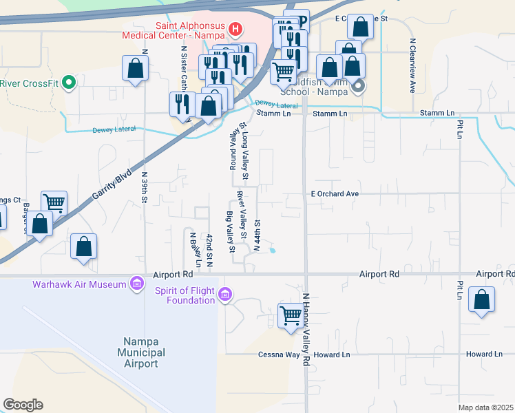 map of restaurants, bars, coffee shops, grocery stores, and more near 622 North 44th Street in Nampa