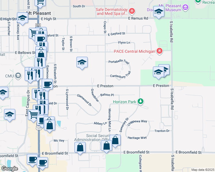 map of restaurants, bars, coffee shops, grocery stores, and more near 1023 Crapo Street in Mount Pleasant