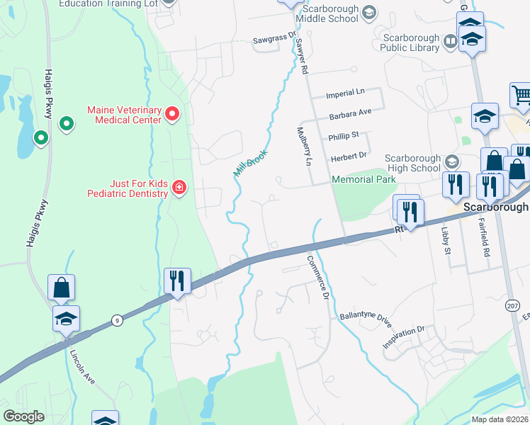 map of restaurants, bars, coffee shops, grocery stores, and more near 15 Millbrook Road in Scarborough