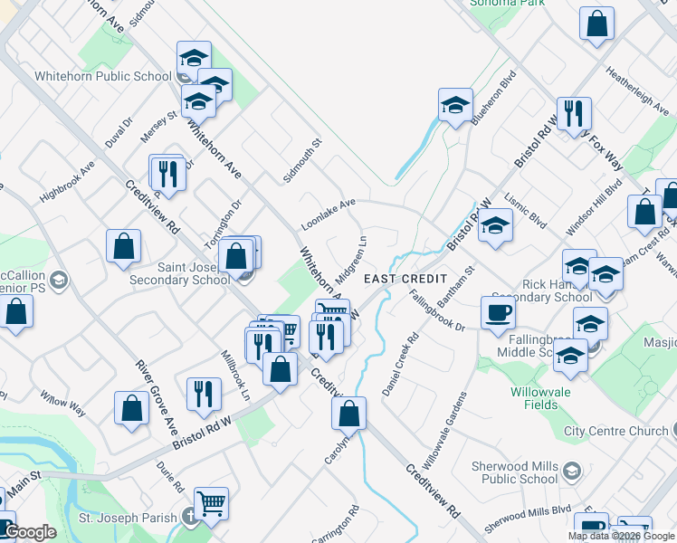 map of restaurants, bars, coffee shops, grocery stores, and more near 1318 Midgreen Lane in Mississauga