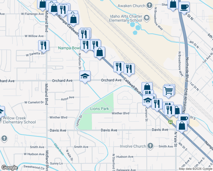 map of restaurants, bars, coffee shops, grocery stores, and more near 419 West Orchard Avenue in Nampa