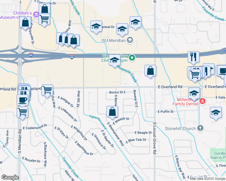 map of restaurants, bars, coffee shops, grocery stores, and more near 1158 East Shepherd Street in Meridian