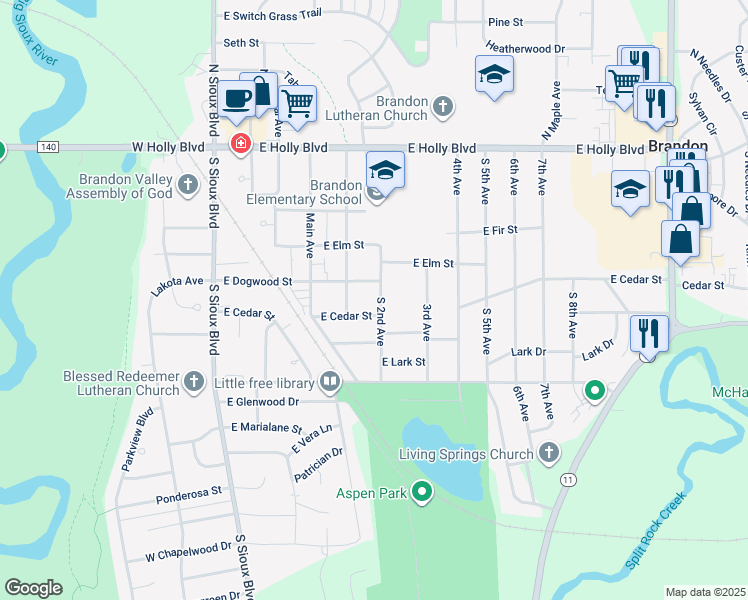 map of restaurants, bars, coffee shops, grocery stores, and more near 405 South 2nd Avenue in Brandon