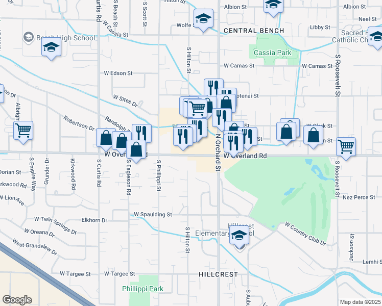 map of restaurants, bars, coffee shops, grocery stores, and more near 5100 West Overland Road in Boise