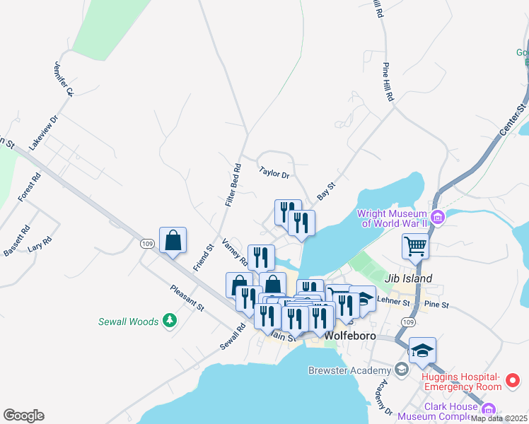 map of restaurants, bars, coffee shops, grocery stores, and more near 26 King Street in Wolfeboro
