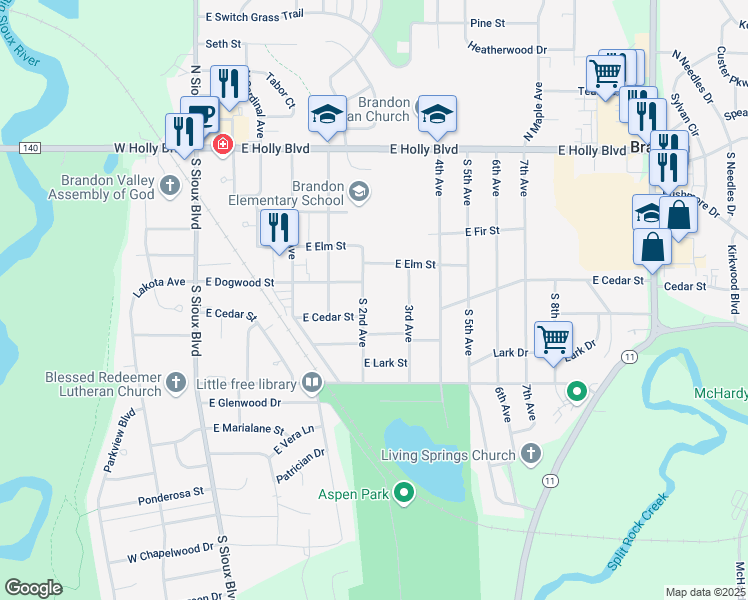 map of restaurants, bars, coffee shops, grocery stores, and more near 405 South 2nd Avenue in Brandon