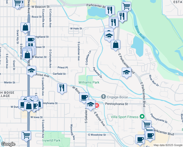 map of restaurants, bars, coffee shops, grocery stores, and more near 145 East Williams Street in Boise