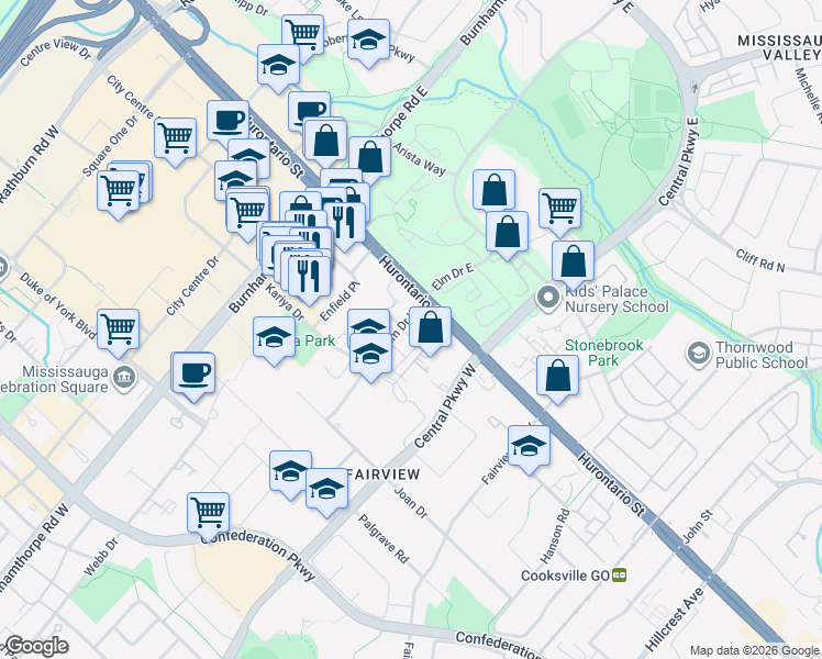 map of restaurants, bars, coffee shops, grocery stores, and more near 36 Elm Drive West in Mississauga