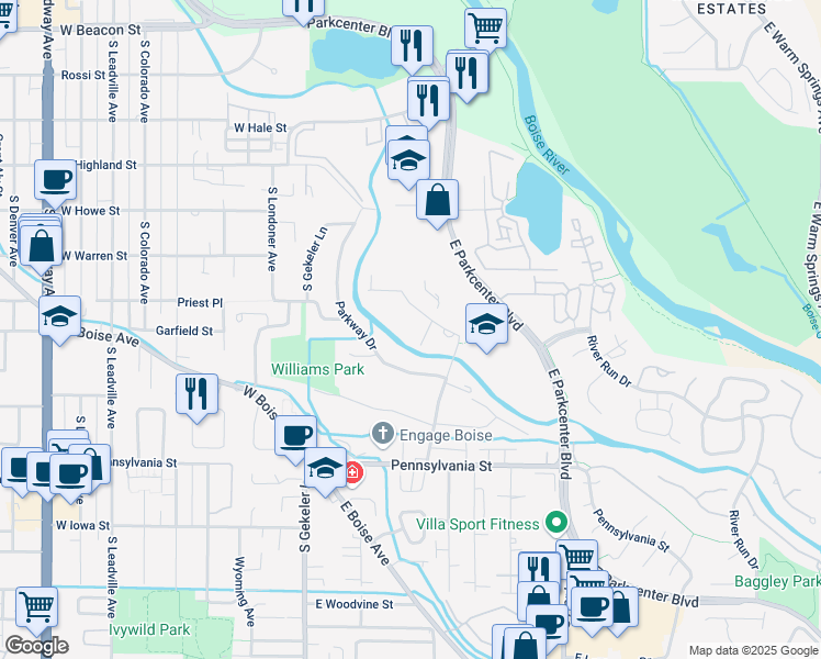 map of restaurants, bars, coffee shops, grocery stores, and more near 315 Schmeizer Ln in Boise
