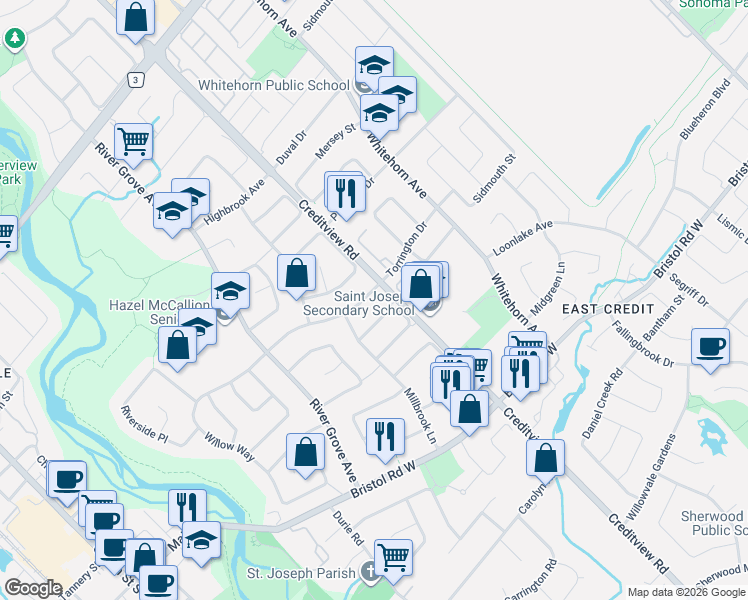 map of restaurants, bars, coffee shops, grocery stores, and more near 1516 Willow Way in Mississauga