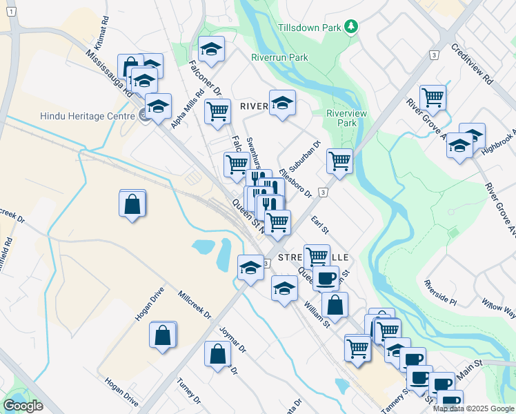 map of restaurants, bars, coffee shops, grocery stores, and more near 51 Queen Street North in Mississauga