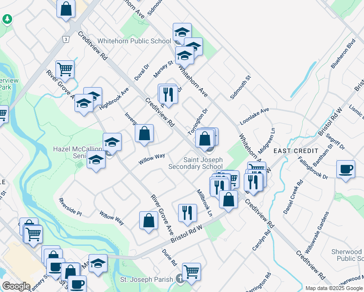 map of restaurants, bars, coffee shops, grocery stores, and more near 1516 Willow Way in Mississauga