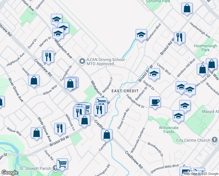 map of restaurants, bars, coffee shops, grocery stores, and more near 1318 Midgreen Lane in Mississauga