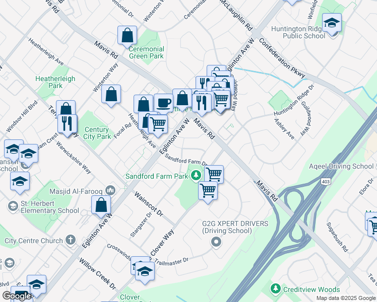 map of restaurants, bars, coffee shops, grocery stores, and more near 4736 Alana Glen Drive in Mississauga