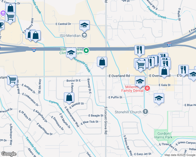 map of restaurants, bars, coffee shops, grocery stores, and more near 1632 South Labrador Place in Meridian