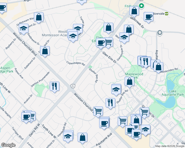 map of restaurants, bars, coffee shops, grocery stores, and more near 6963 Pamplona Mews in Mississauga
