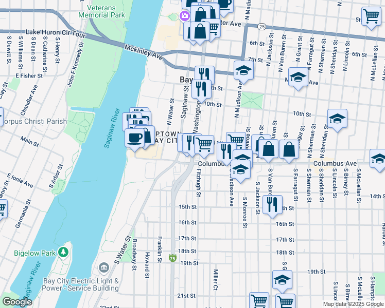 map of restaurants, bars, coffee shops, grocery stores, and more near 115 Washington Avenue in Bay City