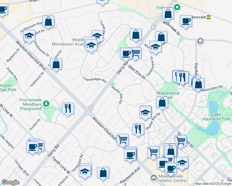 map of restaurants, bars, coffee shops, grocery stores, and more near 6963 Pamplona Mews in Mississauga