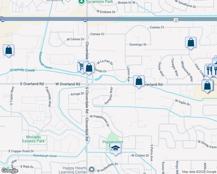 map of restaurants, bars, coffee shops, grocery stores, and more near 11915 West Overland Road in Boise