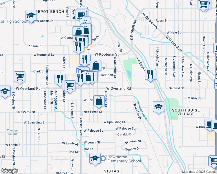 map of restaurants, bars, coffee shops, grocery stores, and more near 2218 West Overland Road in Boise
