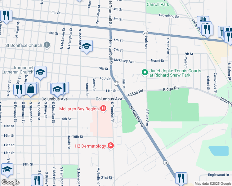 map of restaurants, bars, coffee shops, grocery stores, and more near 2204 11th Street in Bay City