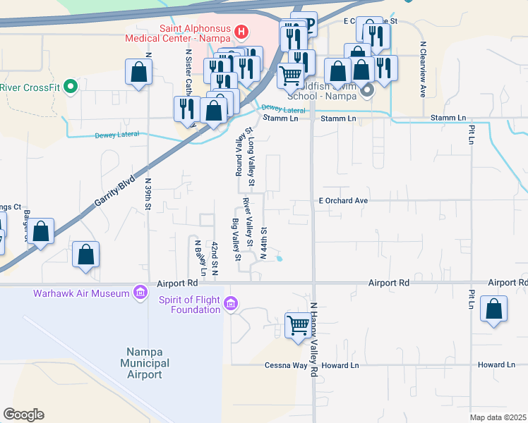map of restaurants, bars, coffee shops, grocery stores, and more near 622 North 44th Street in Nampa