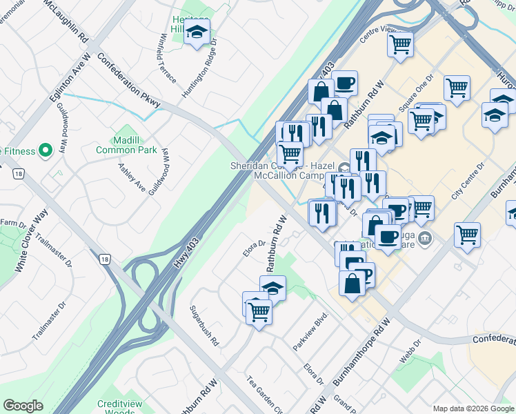 map of restaurants, bars, coffee shops, grocery stores, and more near in Mississauga