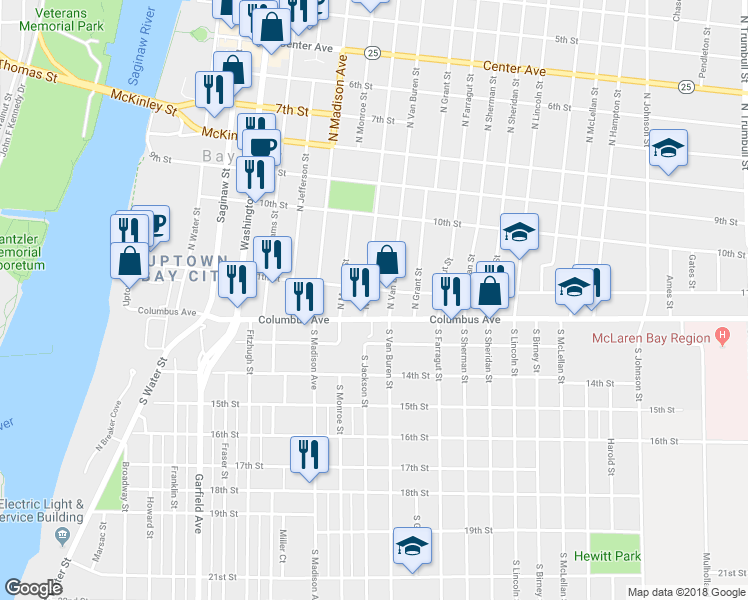 map of restaurants, bars, coffee shops, grocery stores, and more near 114 North Jackson Street in Bay City