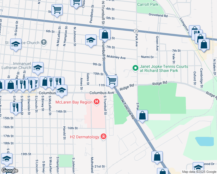 map of restaurants, bars, coffee shops, grocery stores, and more near 2204 11th Street in Bay City