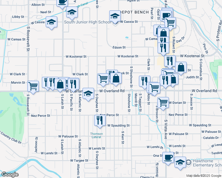 map of restaurants, bars, coffee shops, grocery stores, and more near 3204 West Overland Road in Boise