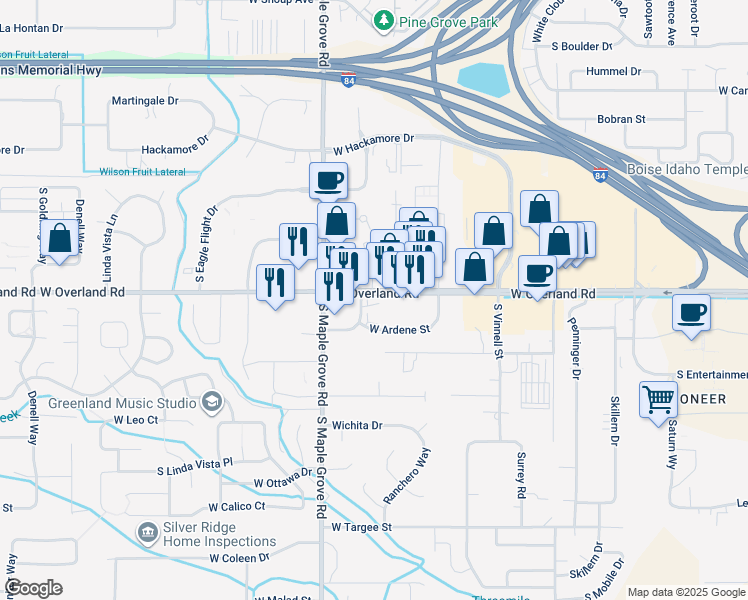 map of restaurants, bars, coffee shops, grocery stores, and more near 1630 Hadley Avenue in Boise