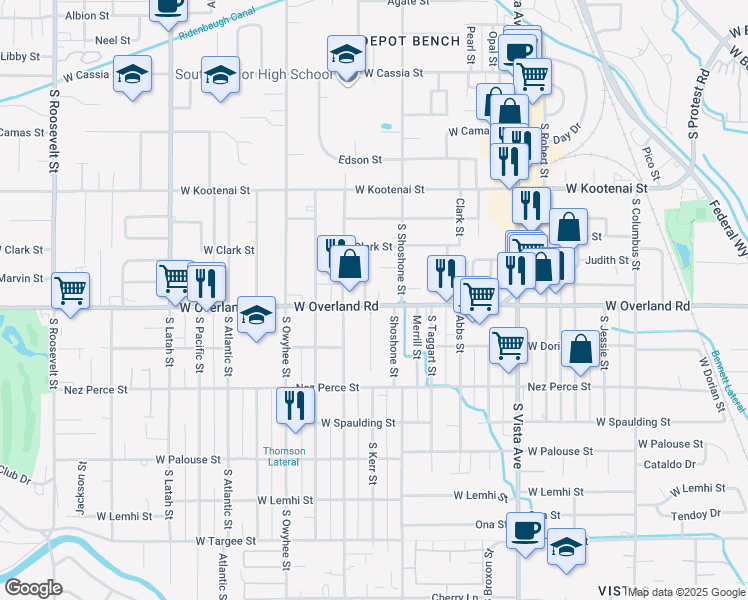 map of restaurants, bars, coffee shops, grocery stores, and more near 3018 West Overland Road in Boise
