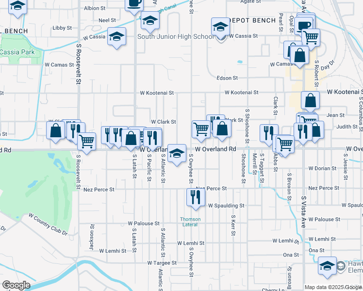 map of restaurants, bars, coffee shops, grocery stores, and more near 3416 West Overland Road in Boise