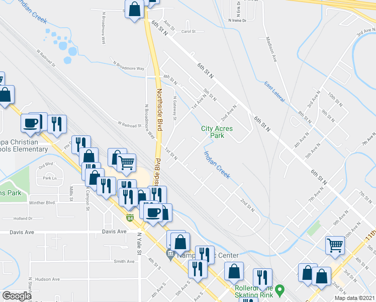 map of restaurants, bars, coffee shops, grocery stores, and more near 119 2nd Avenue North in Nampa