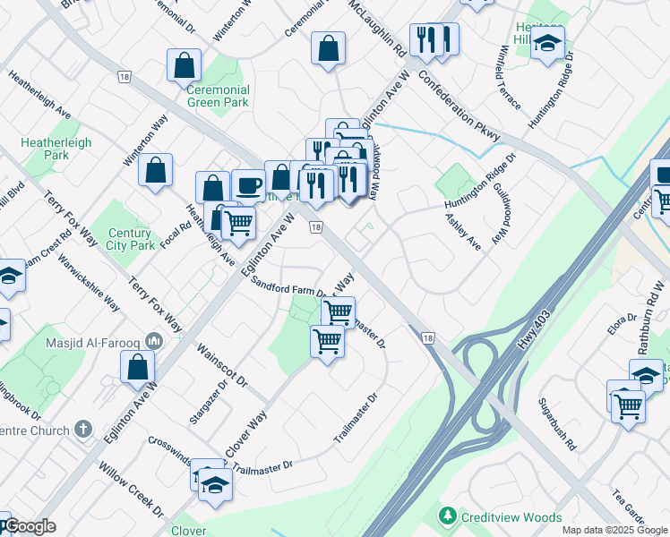 map of restaurants, bars, coffee shops, grocery stores, and more near 576 Courtney Valley Road in Mississauga