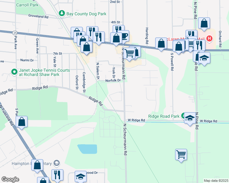 map of restaurants, bars, coffee shops, grocery stores, and more near 837 North Scheurmann Road in Essexville