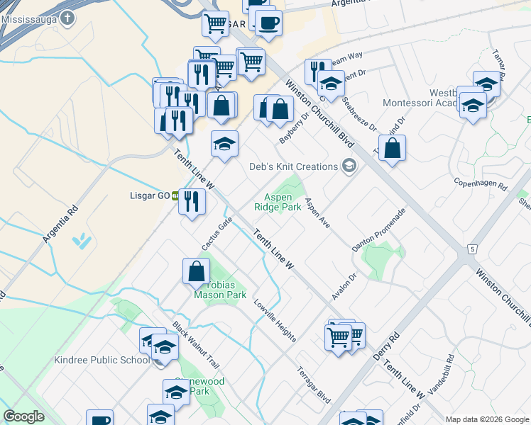 map of restaurants, bars, coffee shops, grocery stores, and more near 7302 Aldercrest Drive in Mississauga