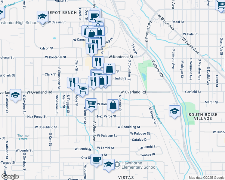 map of restaurants, bars, coffee shops, grocery stores, and more near 2316 West Overland Road in Boise