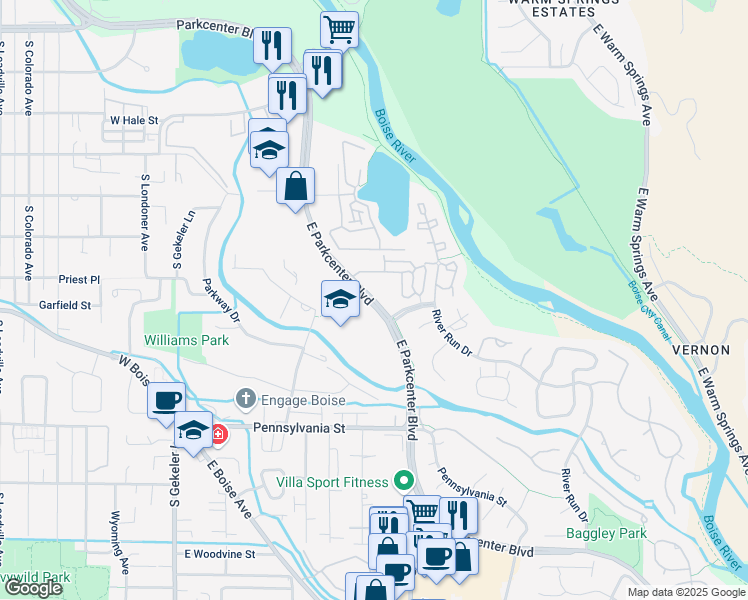 map of restaurants, bars, coffee shops, grocery stores, and more near 954 East Parkcenter Boulevard in Boise