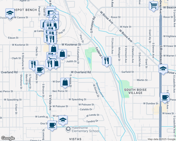 map of restaurants, bars, coffee shops, grocery stores, and more near 2016 West Overland Road in Boise
