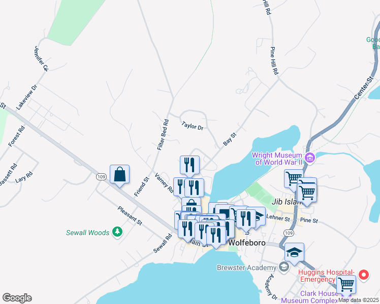 map of restaurants, bars, coffee shops, grocery stores, and more near 26 King Street in Wolfeboro