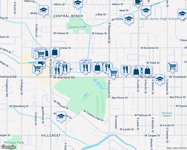 map of restaurants, bars, coffee shops, grocery stores, and more near 44004414 West Overland Road in Boise