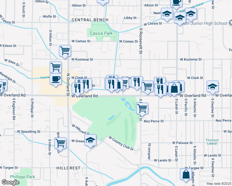 map of restaurants, bars, coffee shops, grocery stores, and more near 44004414 West Overland Road in Boise